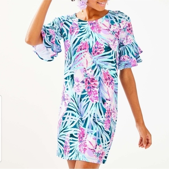 Lilly Pulitzer Lula Shift Dress Mister Pink Floral Birds Ruffle Sleeve size XS - Picture 6 of 9
